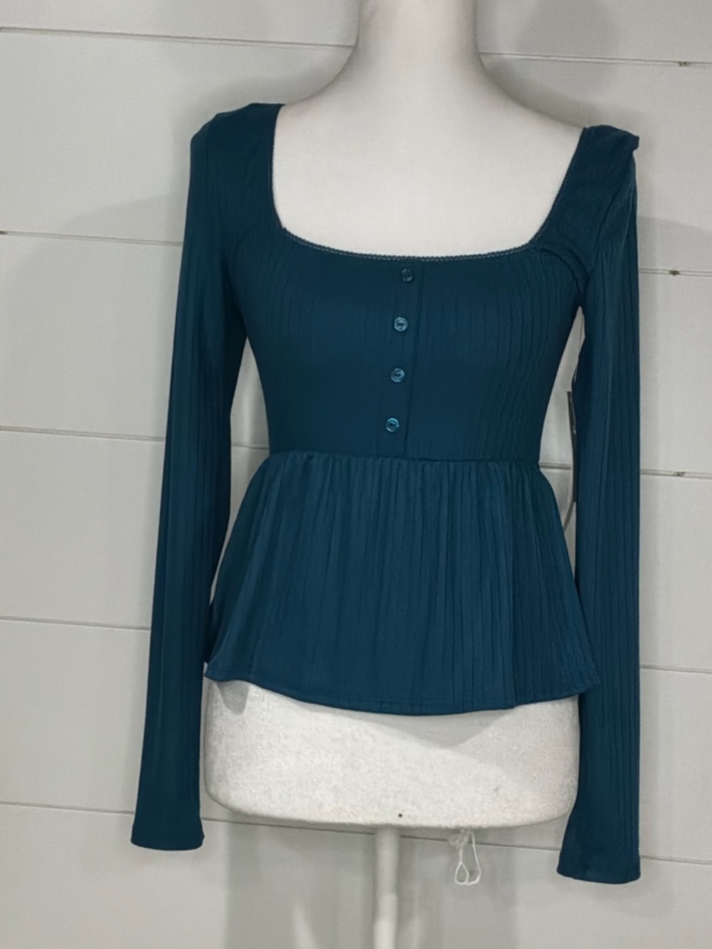 NWT Women's Square Neck Long Sleeve Peplum Top - Teal